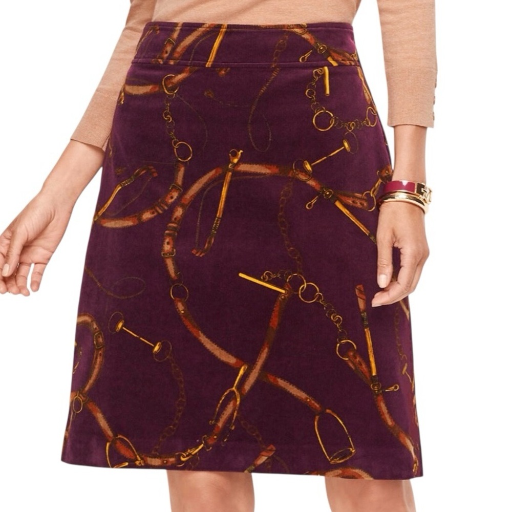 Talbots Burgundy Corduroy Mini Skirt Horse Bridle Print Equestrian Women's 8 NWT